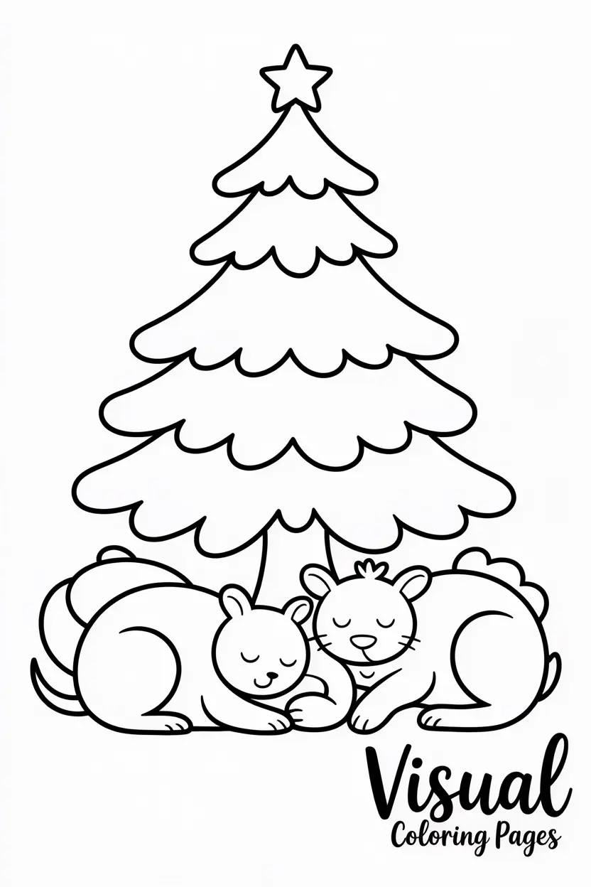 christmas tree with animals sleeping under it like a cozy shelter
