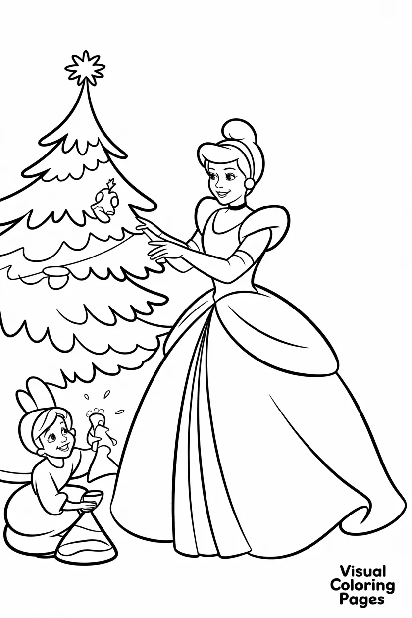 cinderella in a winter gown decorating a magical christmas tree with her fairy godmother