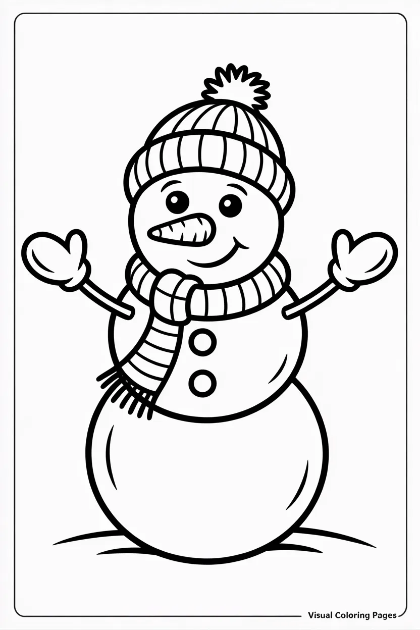 classic snowman with a scarf and buttons waving coloring page for kids