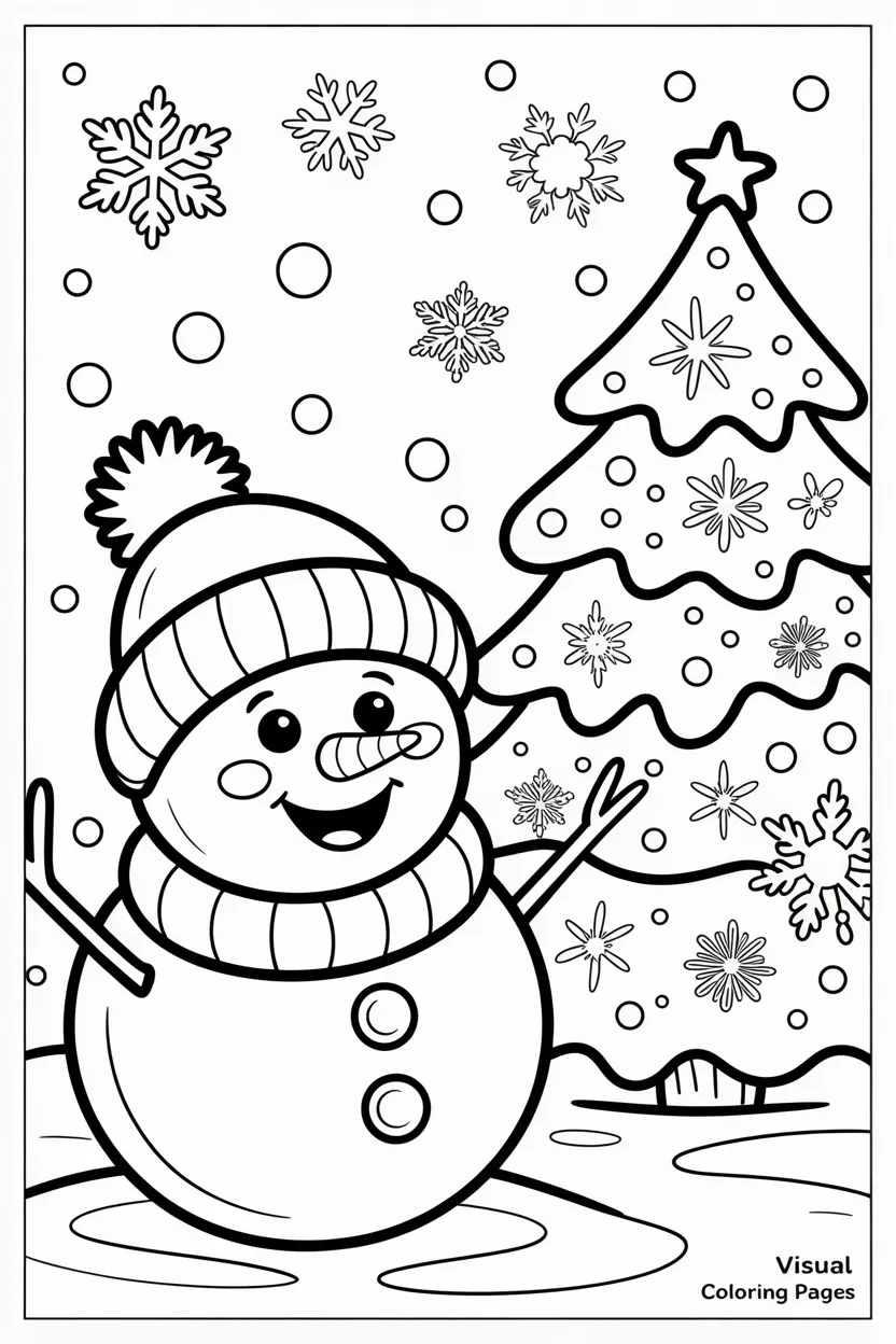 coloring page a snowman decorating a christmas tree