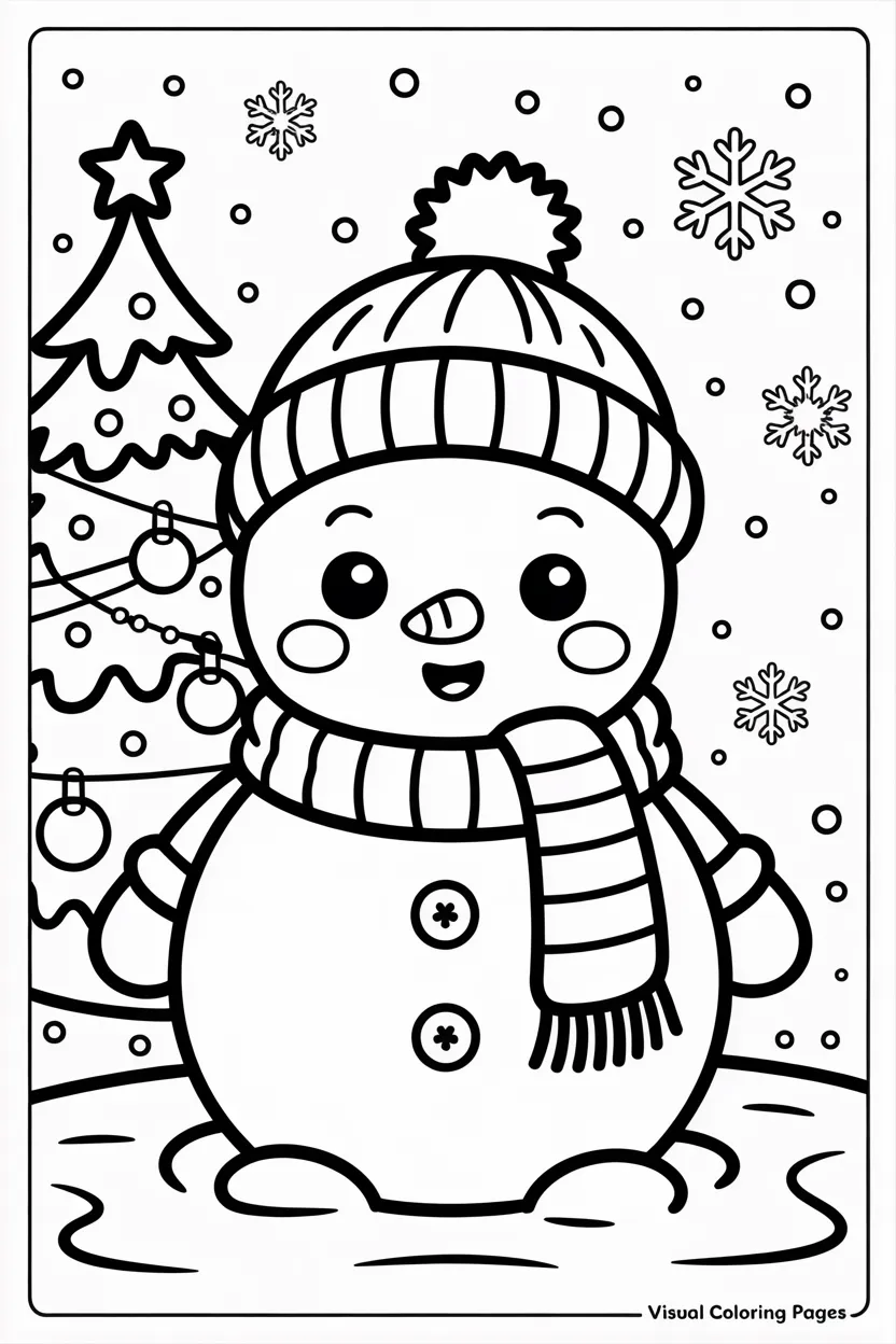 coloring page a snowman decorating a christmas trees