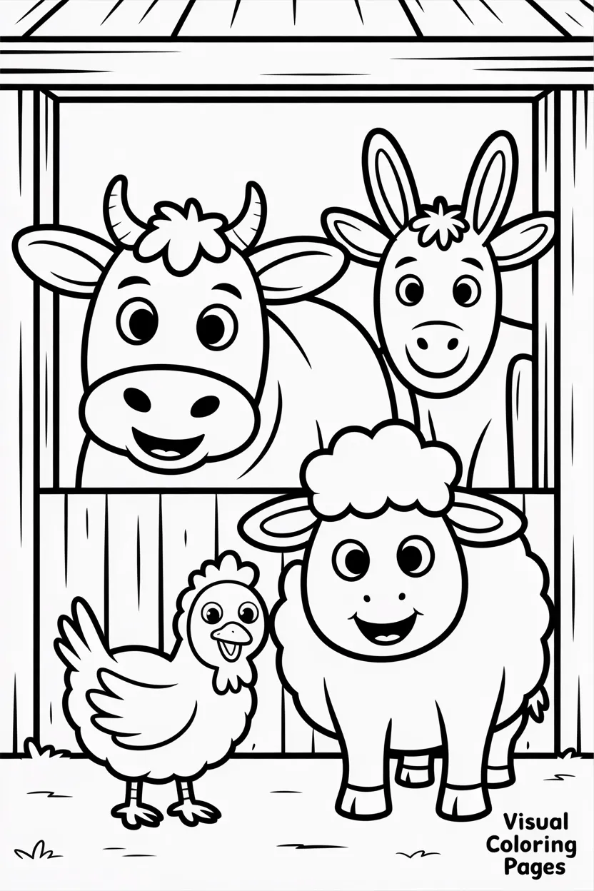 cow donkey sheep and chicken smiling inside stable