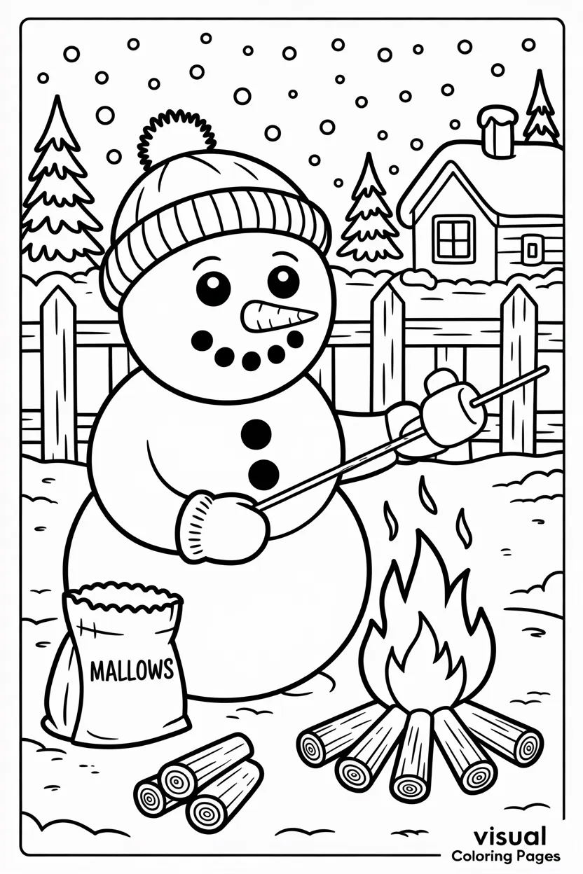 cozy snowman making smores by the fire pit coloring page