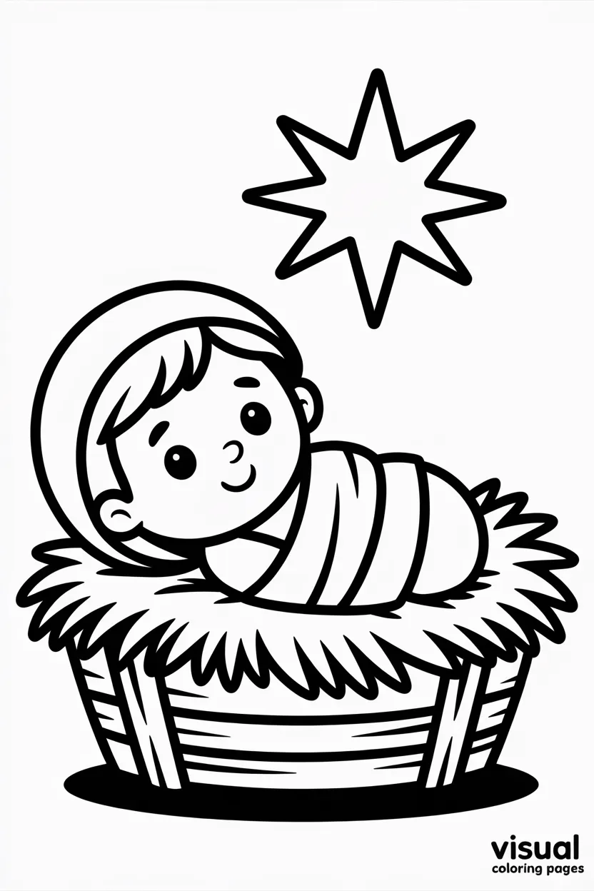 cute baby Jesus wrapped in cloth lying in a manger filled with hay