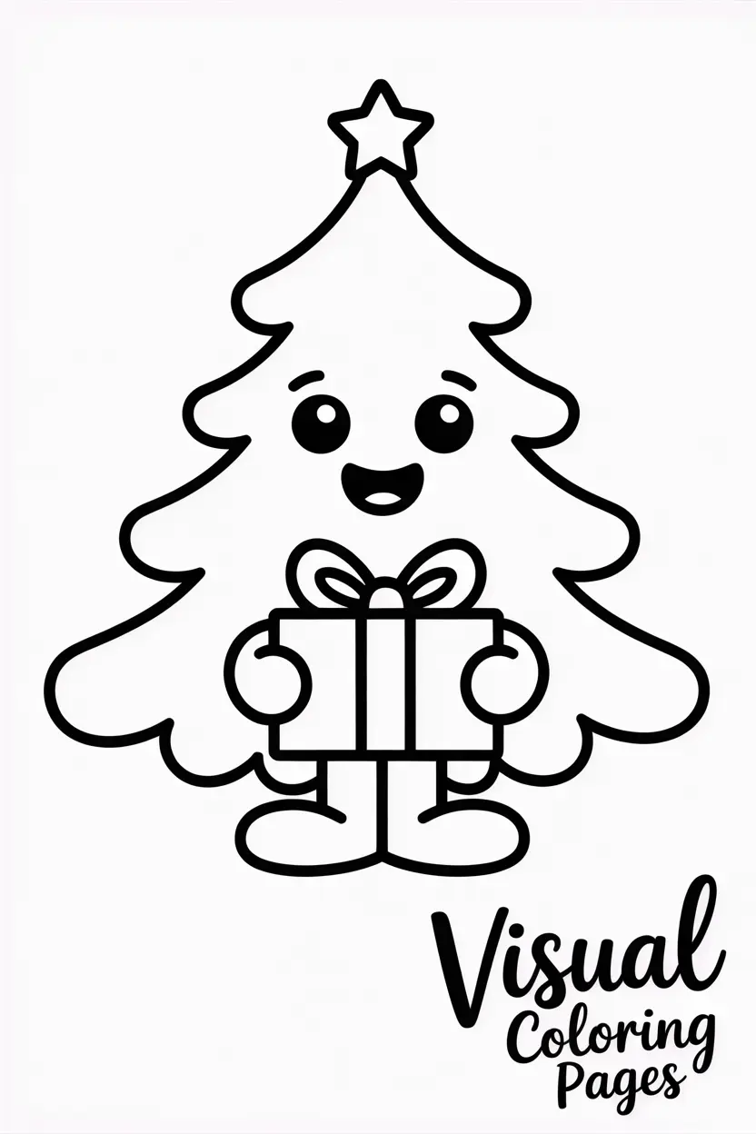 cute cartoon style christmas tree holding a gift box and smiling