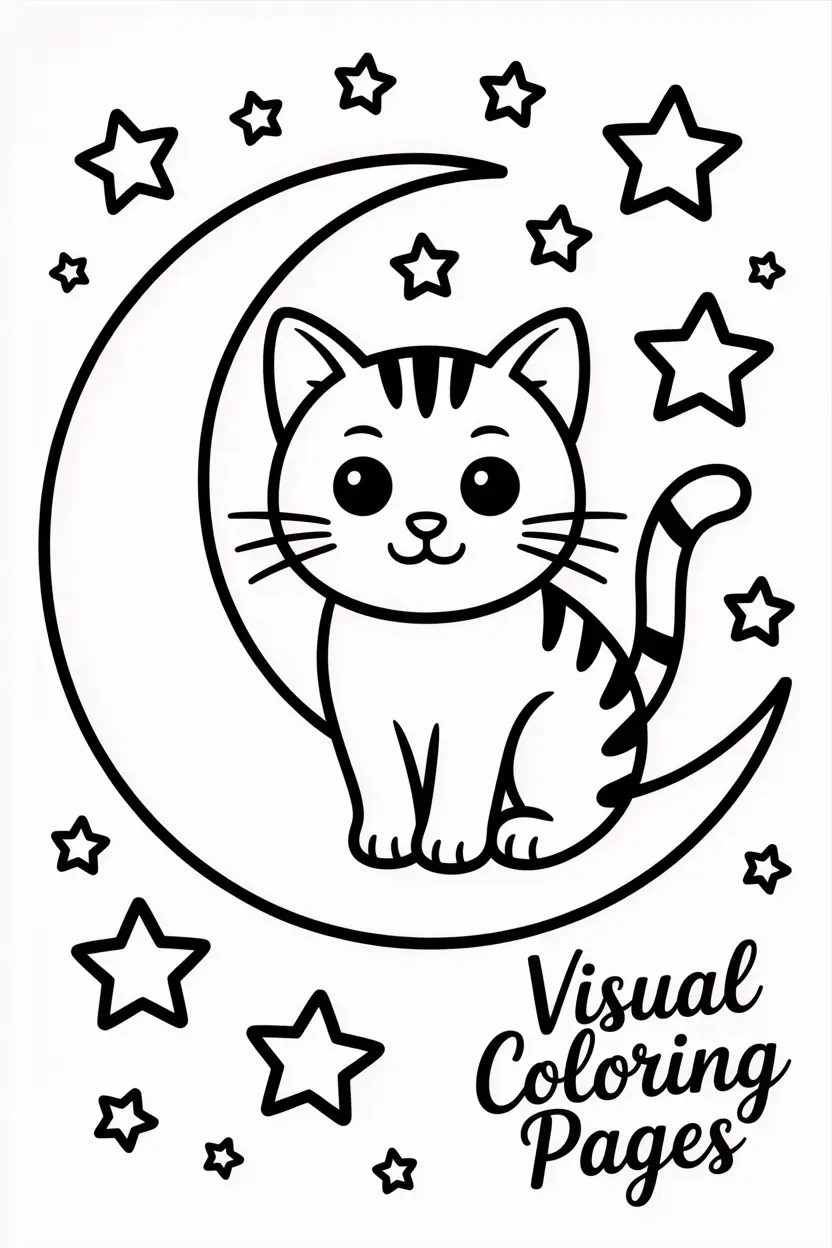 cute cat sitting on a crescent moon surrounded by stars