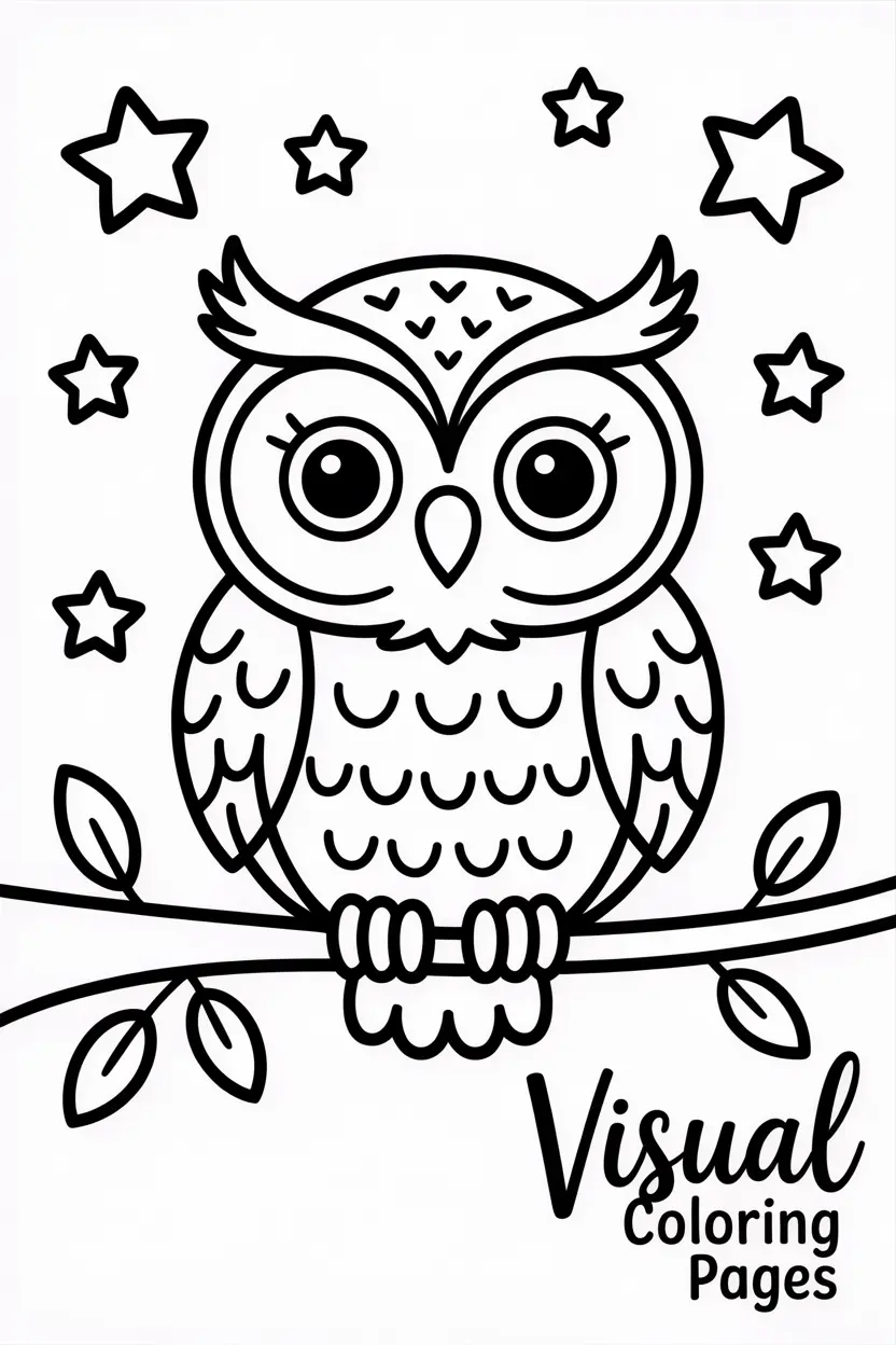 cute owl sitting on a branch at night with stars