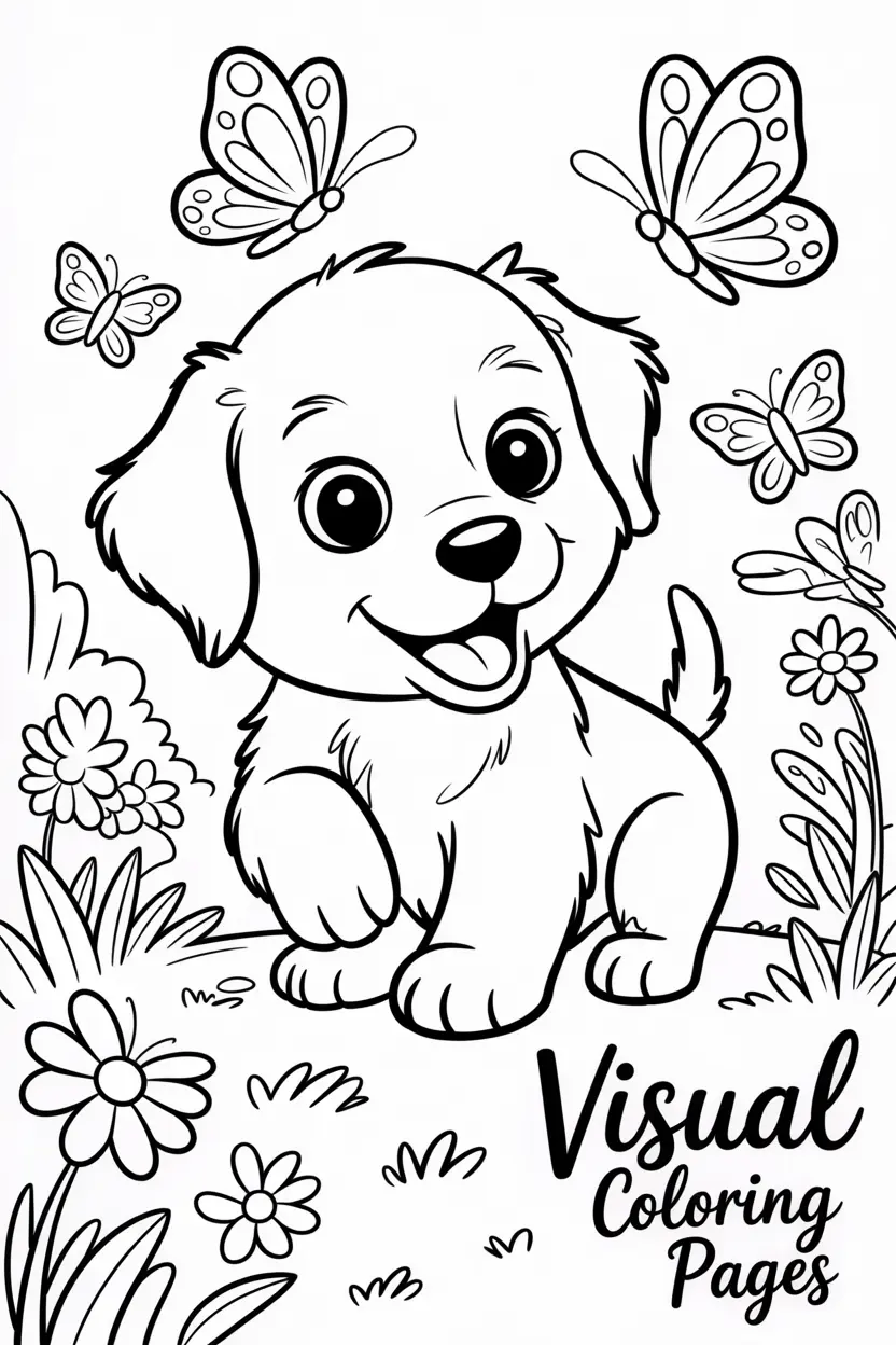 cute puppy playing with butterflies in a garden