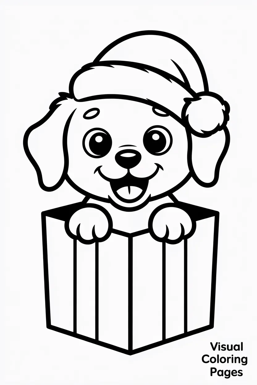 cute puppy popping out of a gift box wearing a santa hat