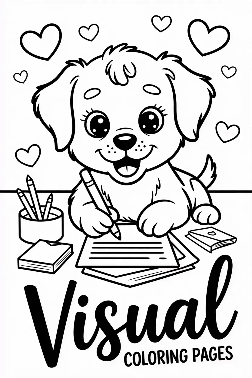 cute puppy writing letters surrounded by hearts and stationery