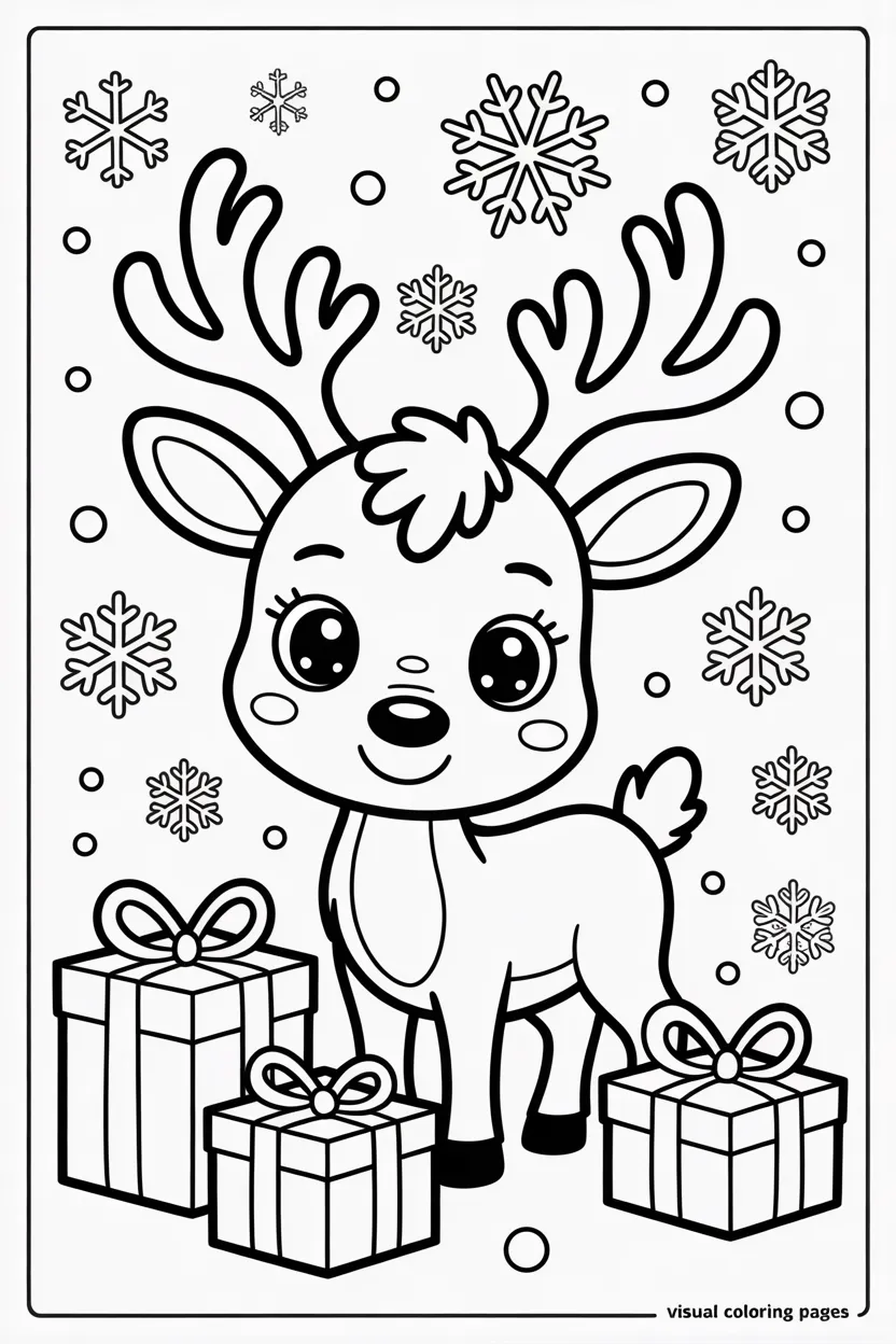 cute rudolph sitting with christmas presents coloring page for kids
