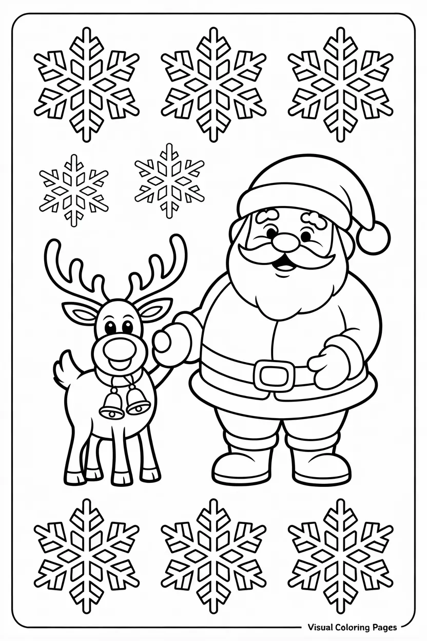 cute santa waving with rudolph beside him coloring page for kids
