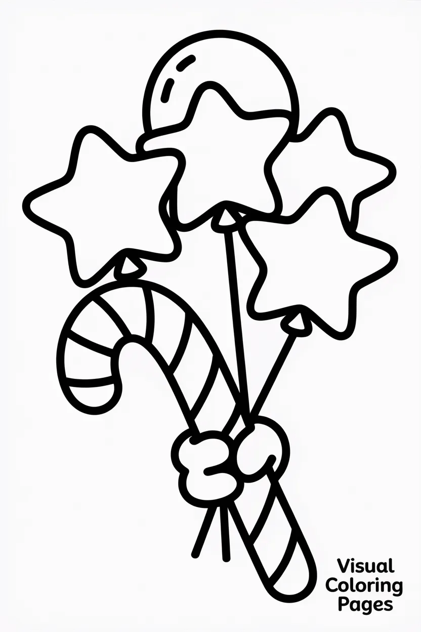 decorated candy cane with christmas ornaments and stars
