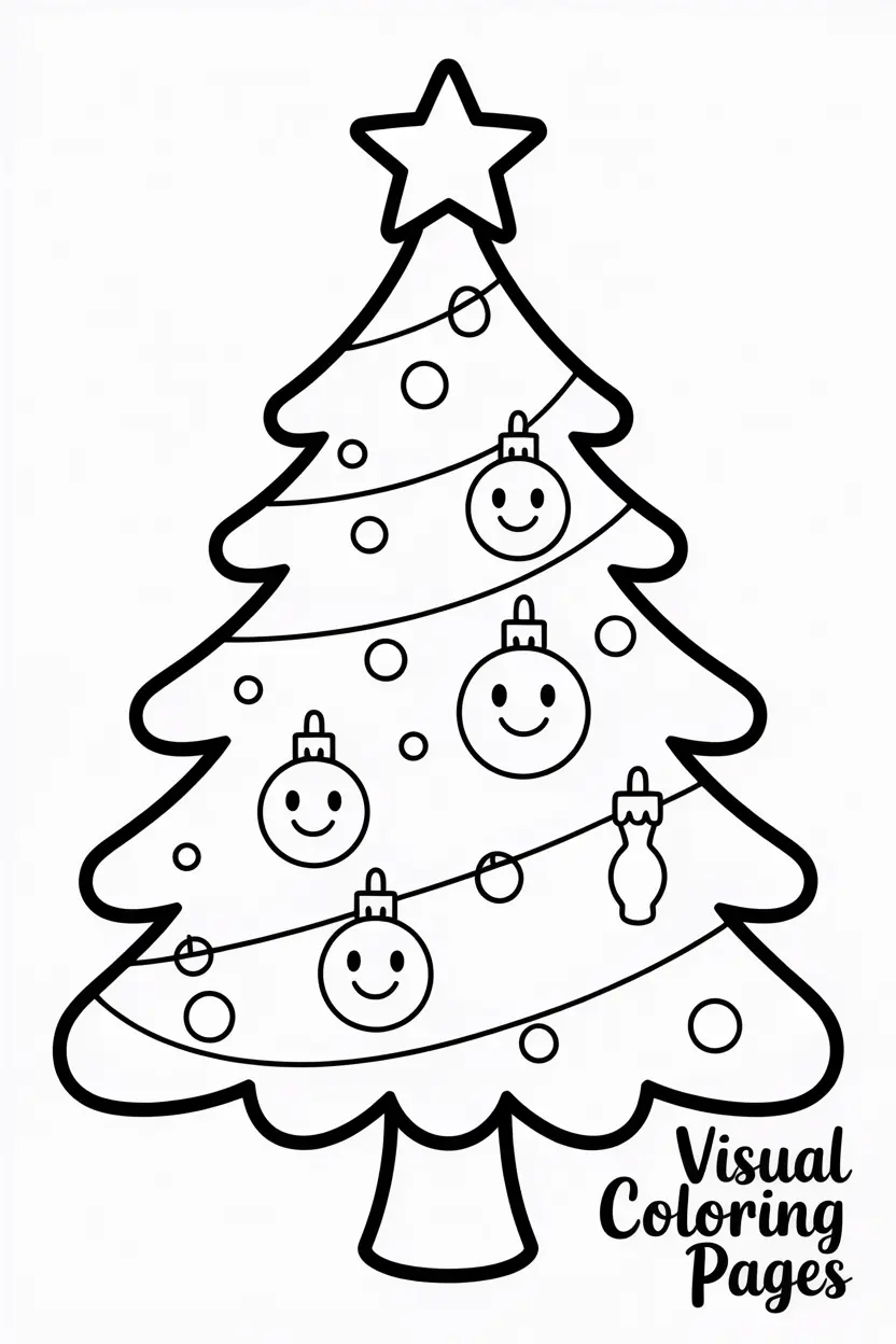 decorated christmas tree with smiling ornaments and a happy star on top
