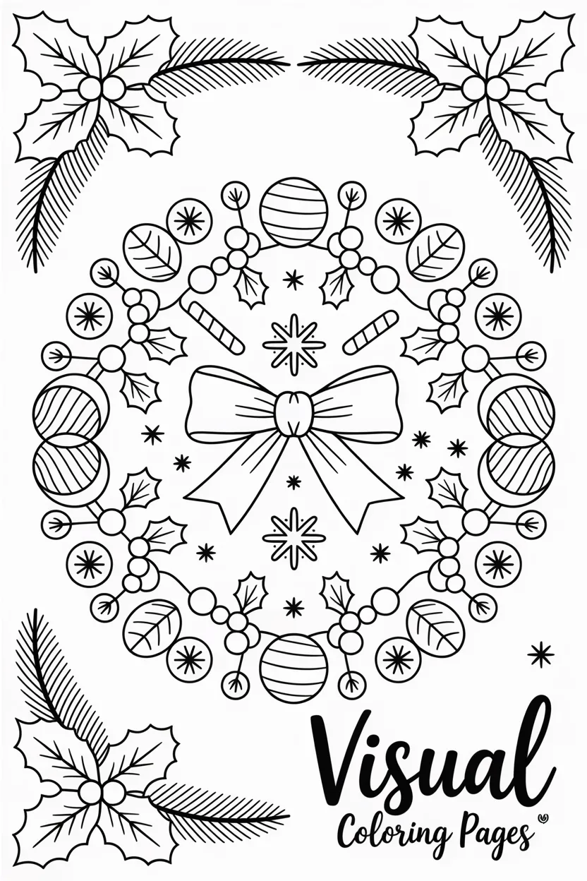 detailed christmas mandala with mistletoe bows and holiday ornaments