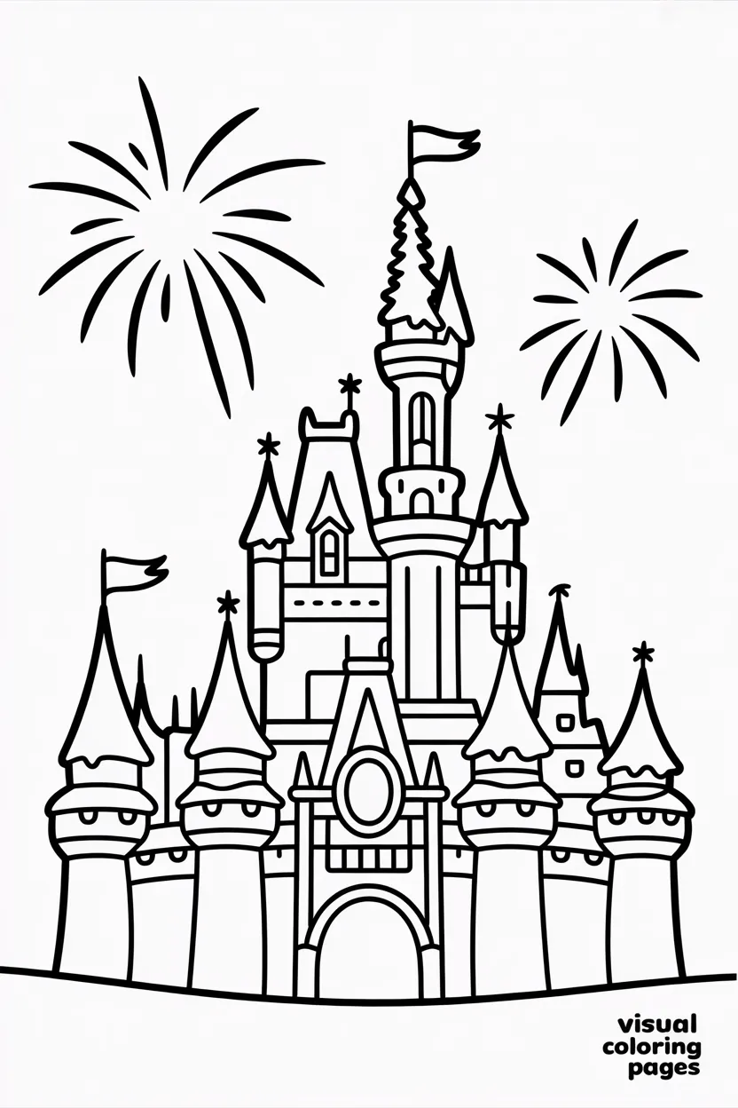 disney castle covered in snow with fireworks and a huge christmas tree in front