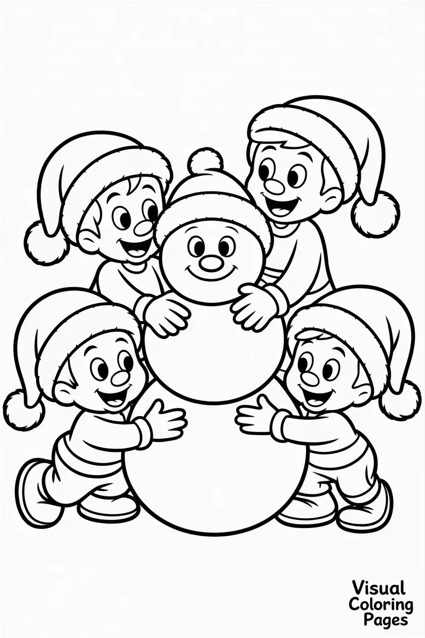 disney characters building a snowman together all wearing Santa hats