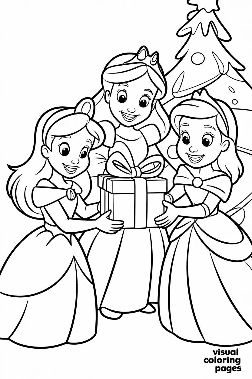 disney princesses exchanging gifts under a christmas tree