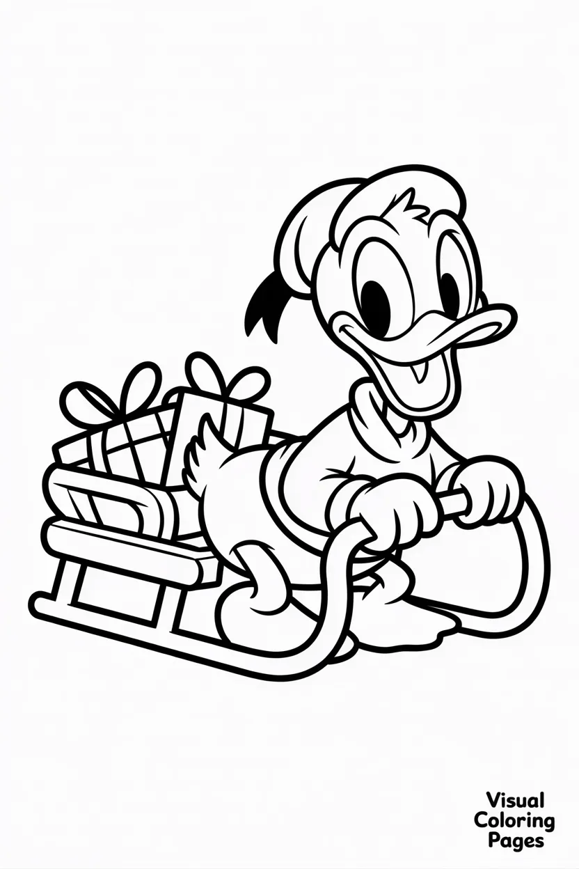 donald duck in a christmas sweater pulling a sled full of presents