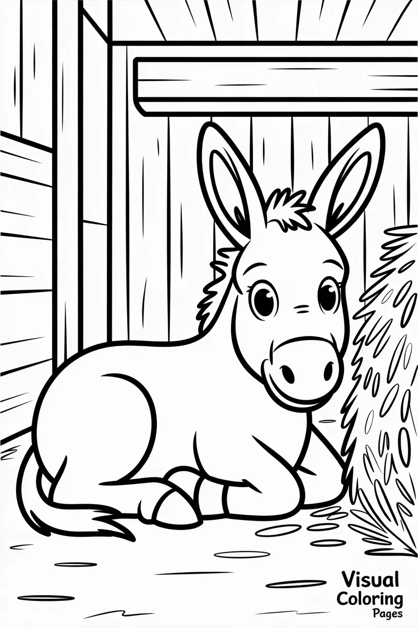 donkey resting near hay inside the stable