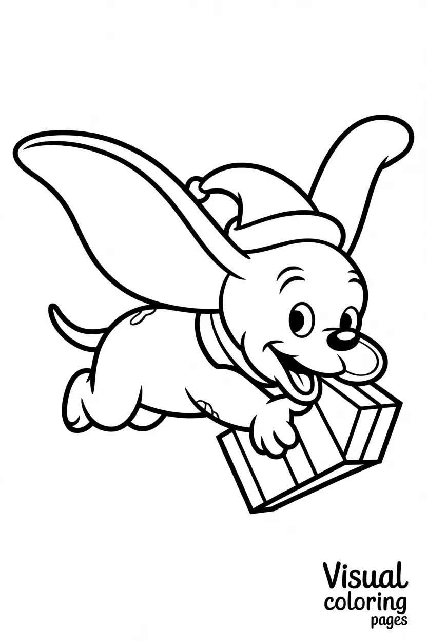 dumbo flying with a santa hat carrying presents with his big ears