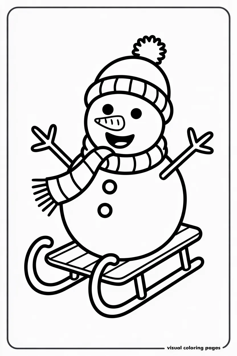 easy snowman riding a sled with scarf and hat coloring page for kids