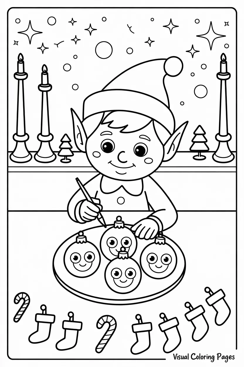 elf on the shelf decorating baubles for the holidays coloring sheet