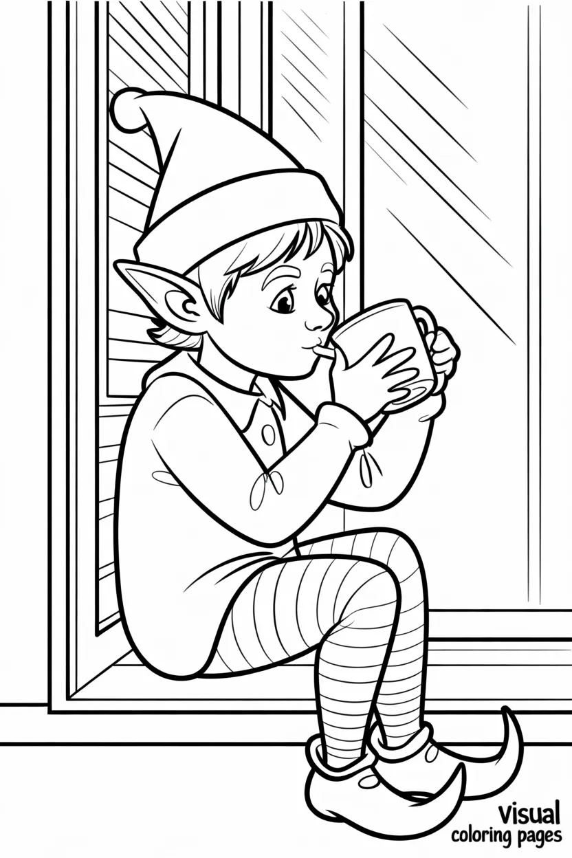 elf on the shelf drinking hot cocoa on snowy windowsill coloring page