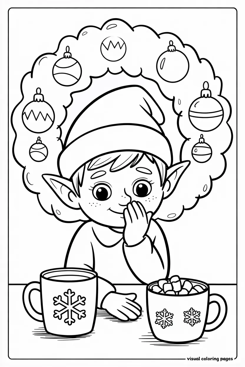 elf on the shelf enjoying hot cocoa with marshmallows coloring page for kids