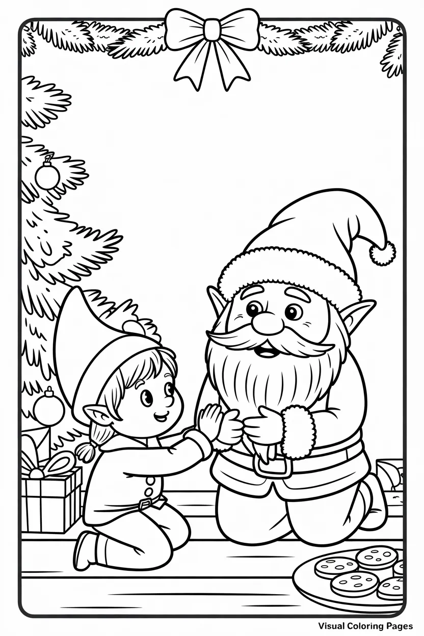 elf on the shelf fixing santas beard by the fireplace with christmas cookies coloring page