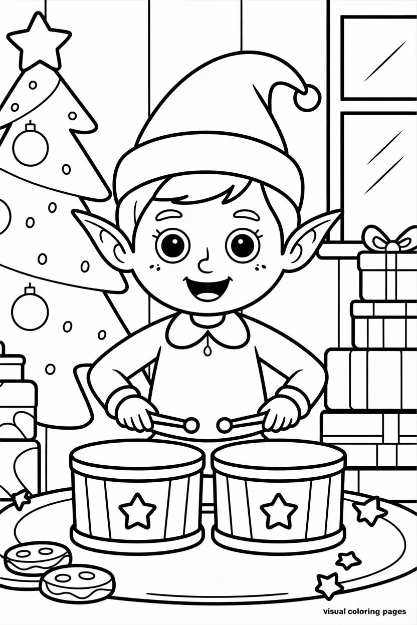 elf on the shelf playing christmas drums while surrounded by cookies and tree