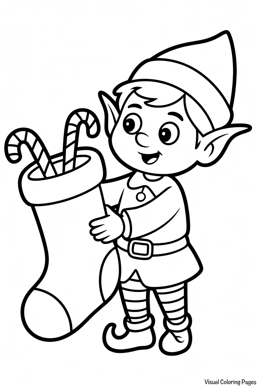 elf on the shelf reaching into christmas stocking with candy canes coloring sheet