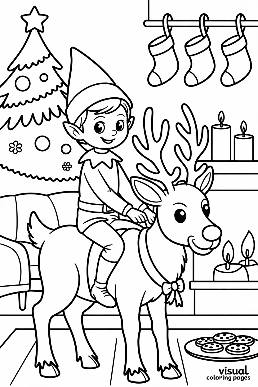 elf on the shelf riding a reindeer by fireplace and christmas tree