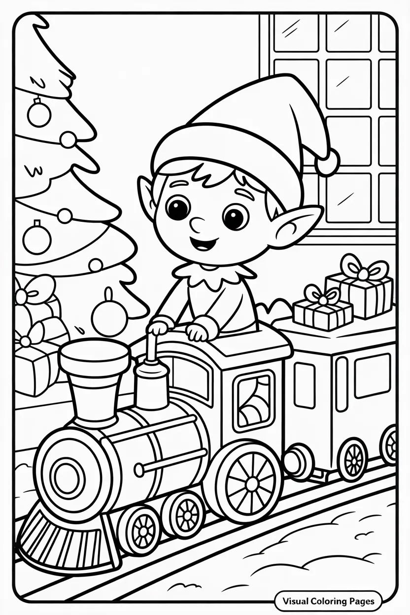 elf on the shelf riding toy train by christmas tree coloring sheet