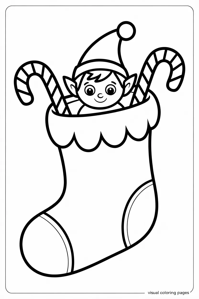 elf on the shelf sitting in curly christmas stocking with candy canes coloring page for preschoolers