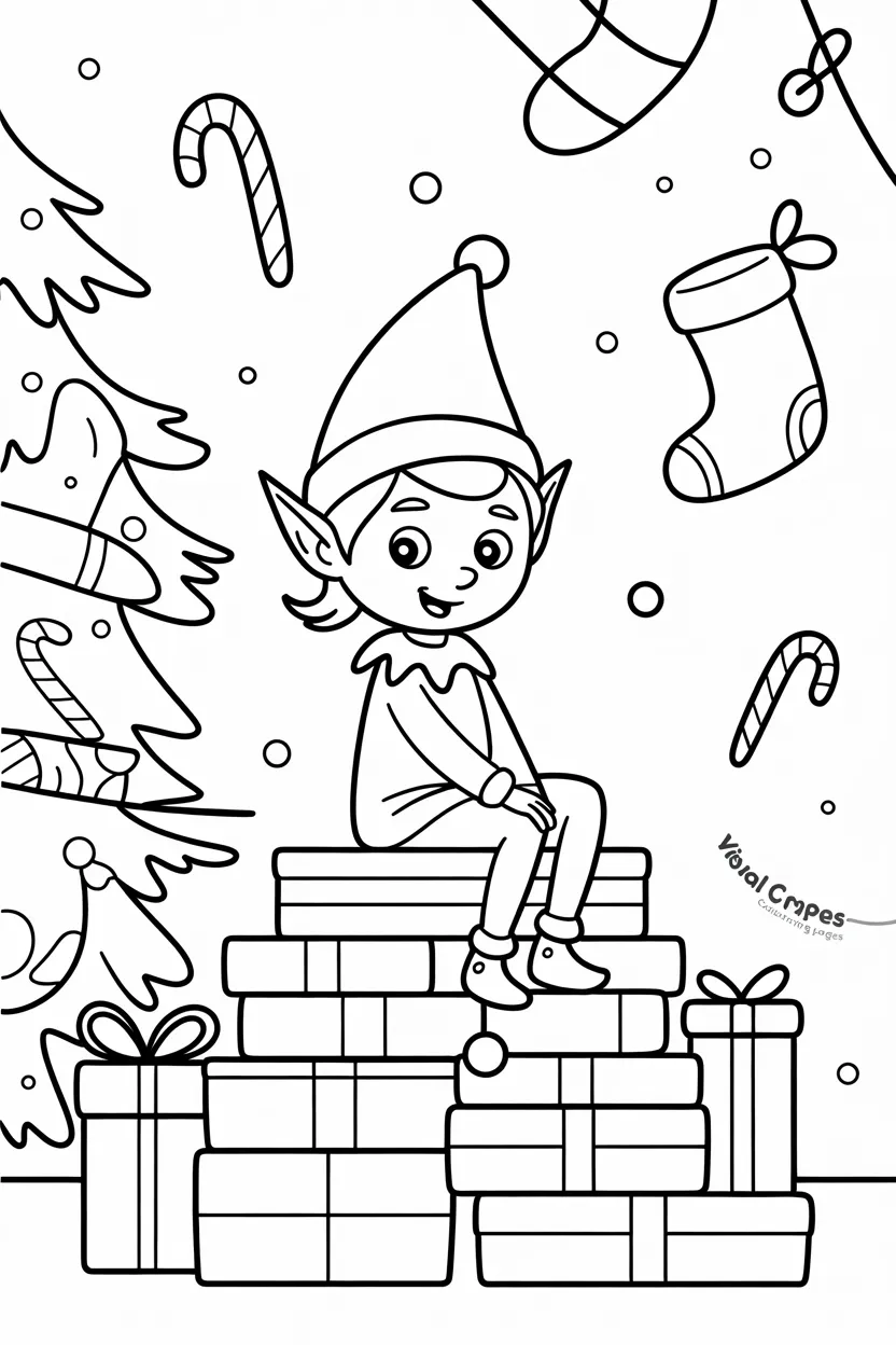 elf on the shelf stacking christmas presents by the tree coloring page for kids