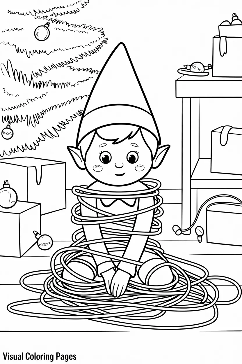 elf on the shelf tangled in christmas lights by the tree coloring page for kids