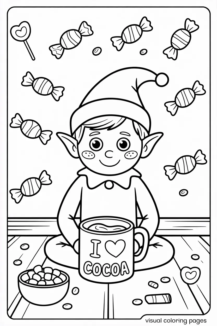 elf on the shelf with candy and cocoa to colors