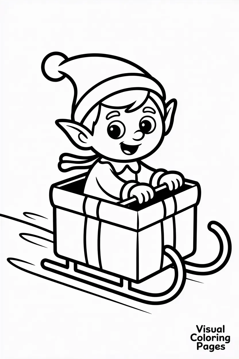 elf riding inside a gift box sled sliding on snow