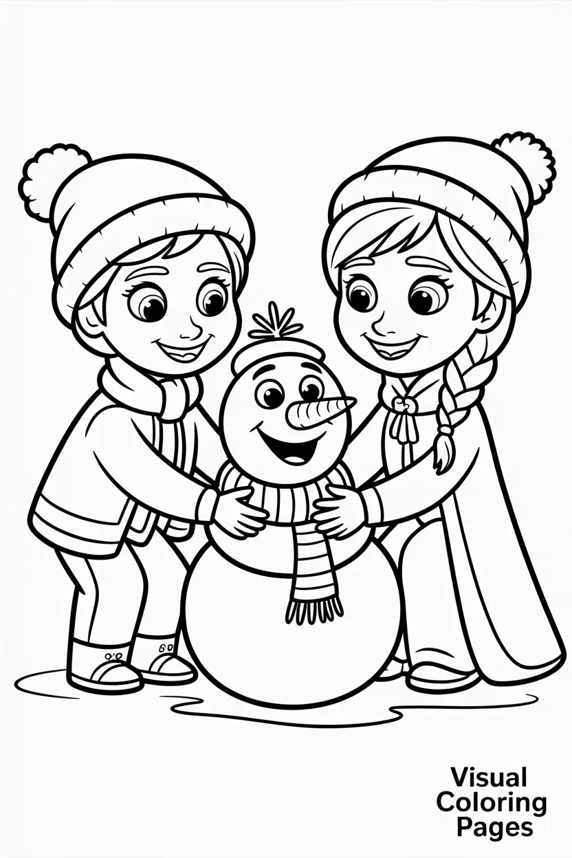 elsa and anna building a snowman wearing christmas scarves and hats