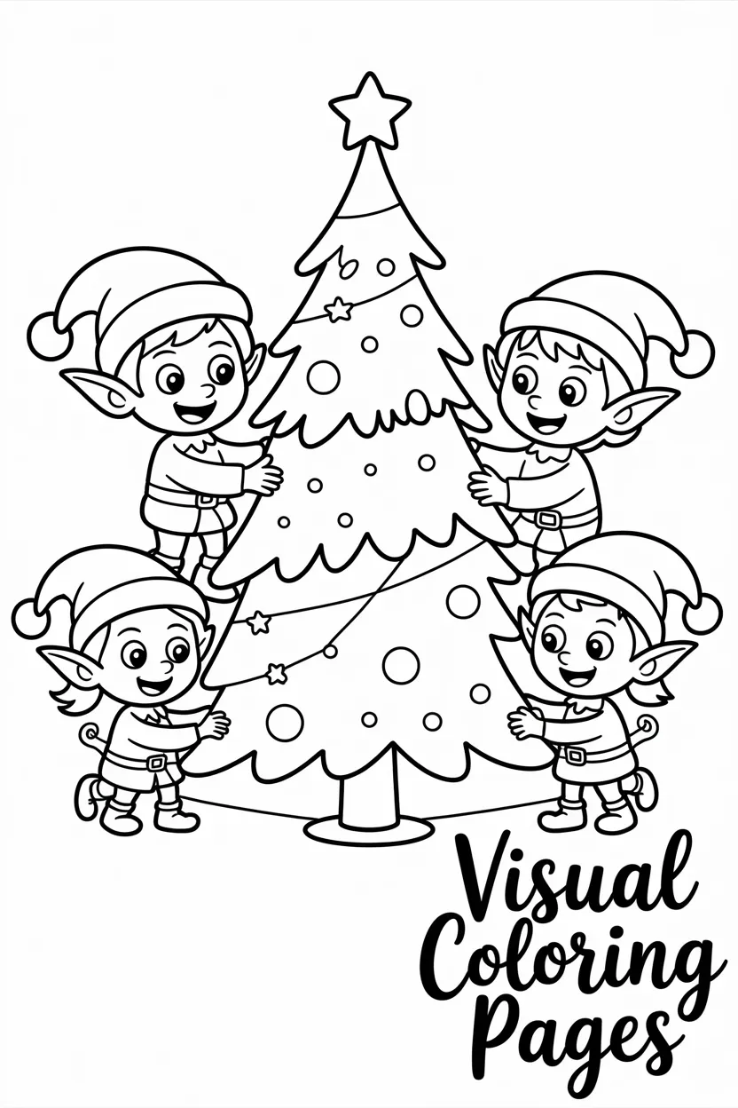 family of elves decorating a christmas tree