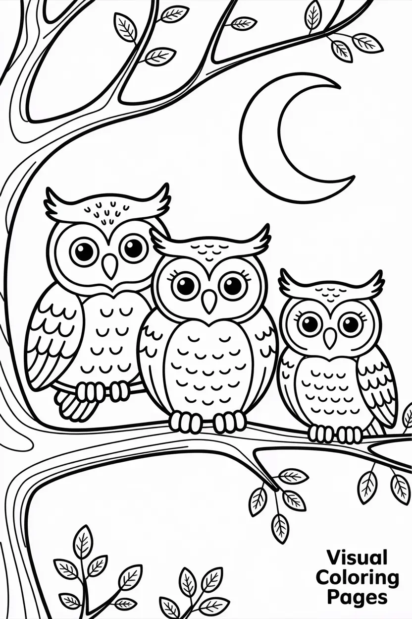 family of owls sitting on a tree branch with a crescent moon kids