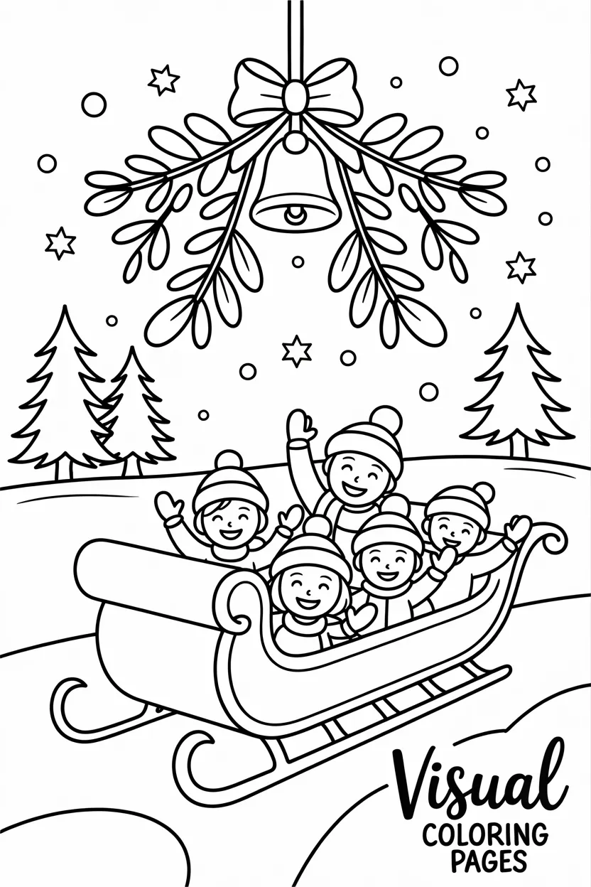 family sleigh ride under hanging mistletoe and bells coloring page for kids