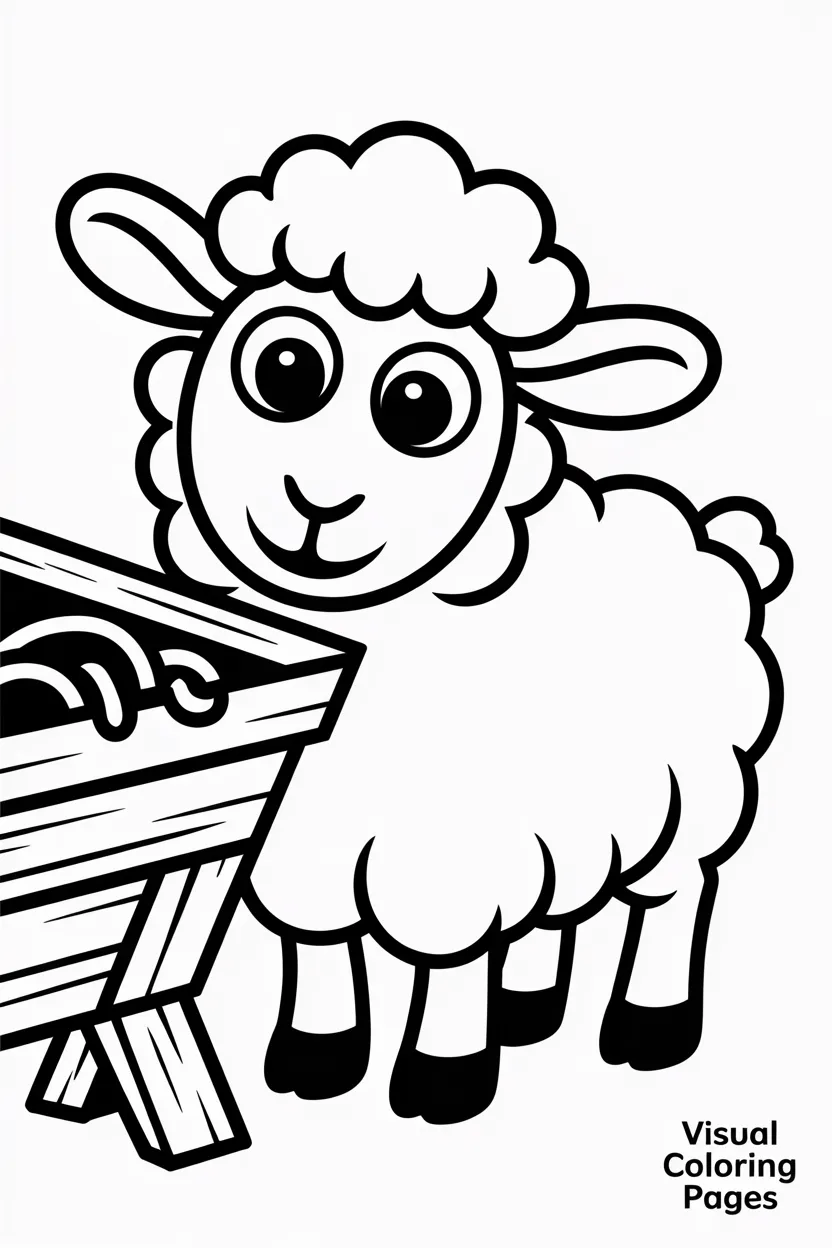 fluffy sheep looking at the manger curiously