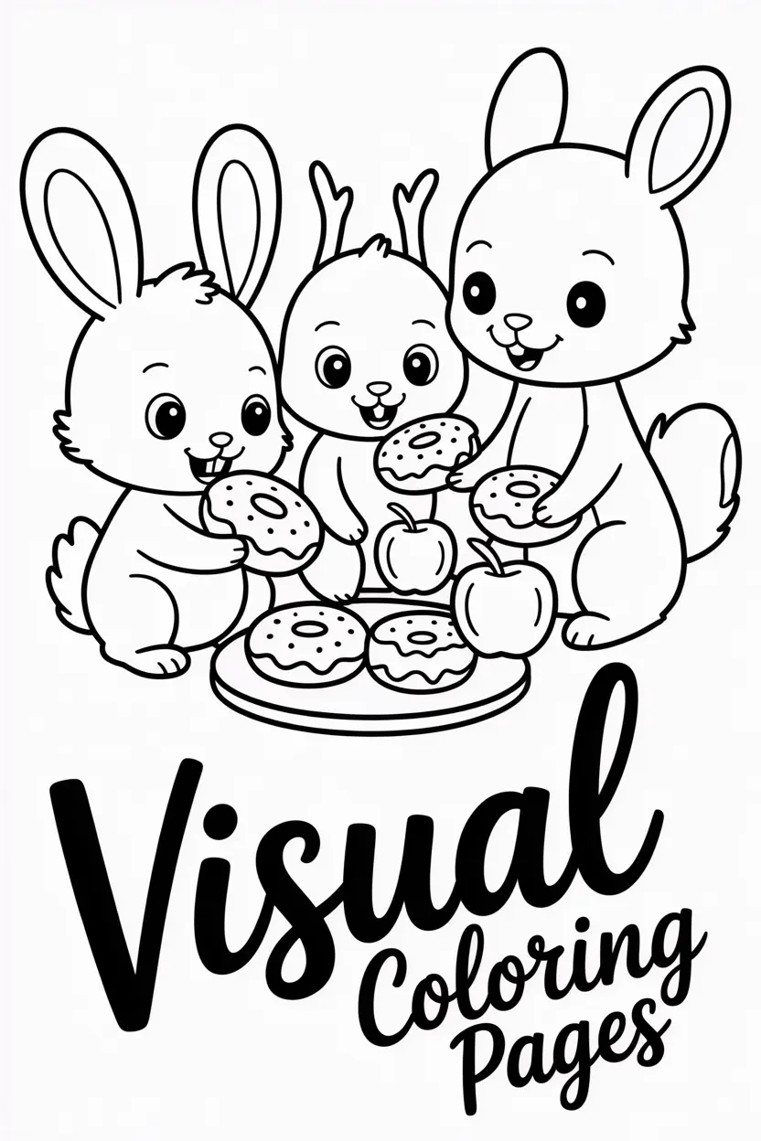 forest friends bunny squirrel deer sharing donuts and apples at a picnic