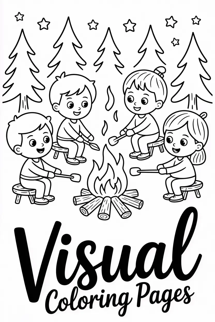 forest friends roasting marshmallows around a campfire under stars