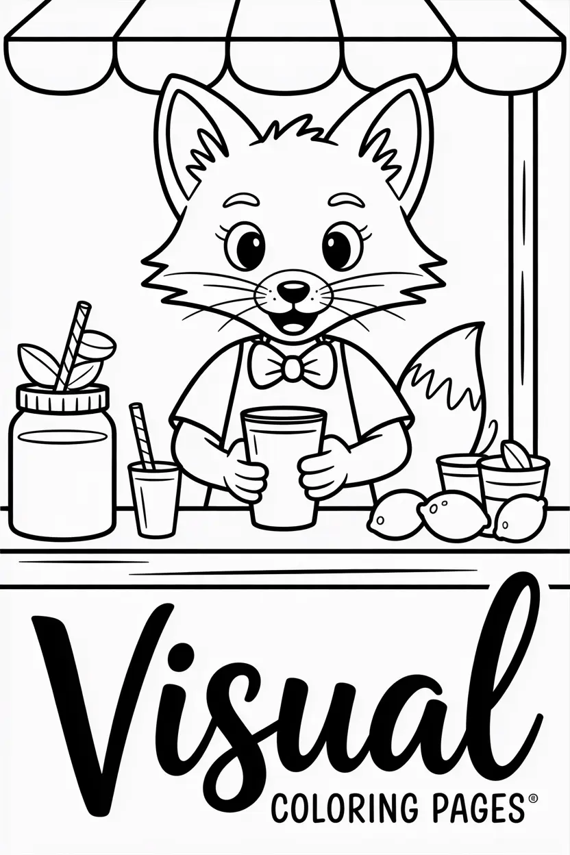 friendly fox serving lemonade at a stand with jars