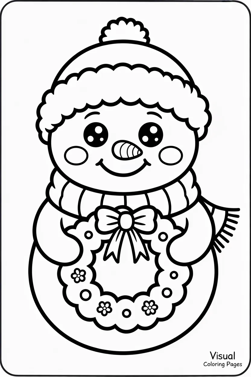 friendly snowman holding a holiday wreath with bow coloring page for preschoolers