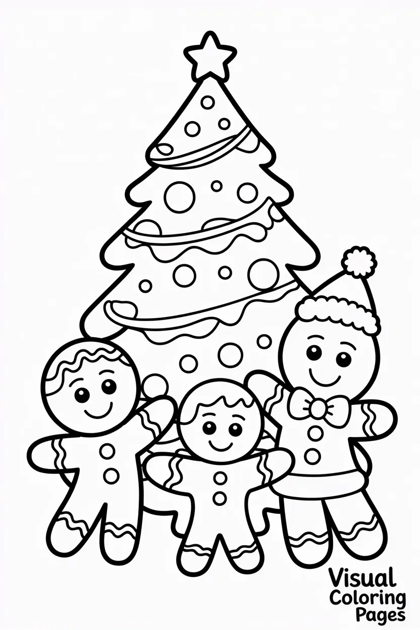 gingerbread family decorating a christmas tree