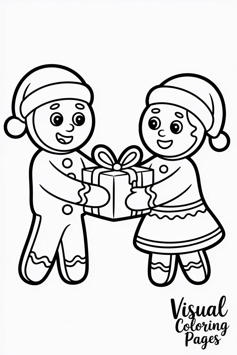 gingerbread man and gingerbread girl exchanging christmas presents